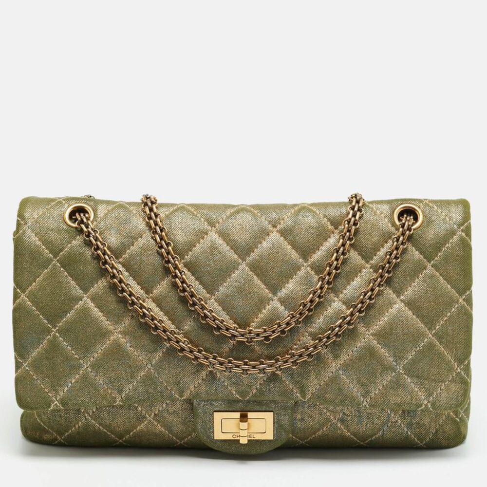 Chanel Reissue 2.55 227 Green/gold Shimmering Quilted Denim Flap Bag